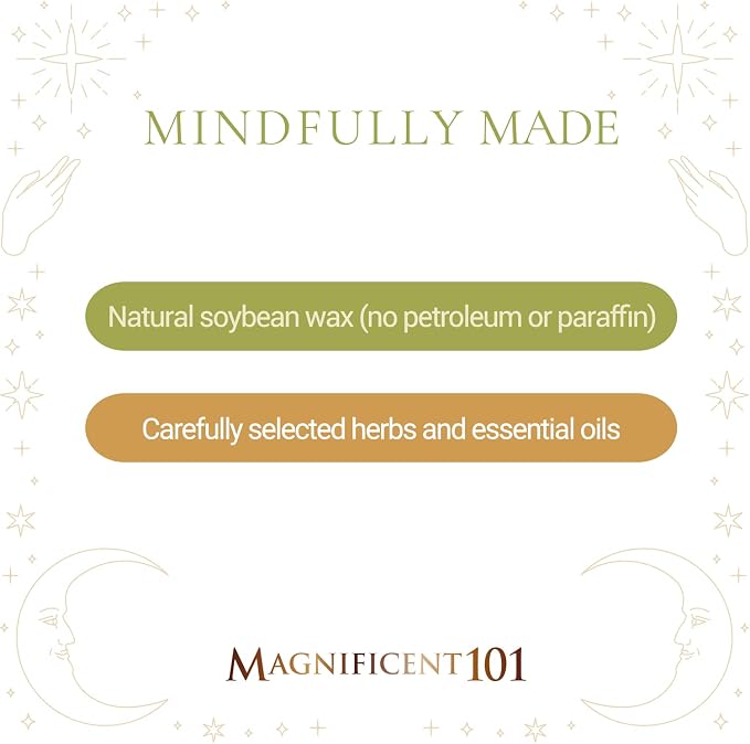Magnificent 101 Spiritual Wealth Vibes 6-oz. Candle in Tin Holder; 100% Natural Soy Wax with Sage & Clove Essential Oils for Aromatherapy, Energy Cleansing, Meditation & Intention Setting; Great Gift