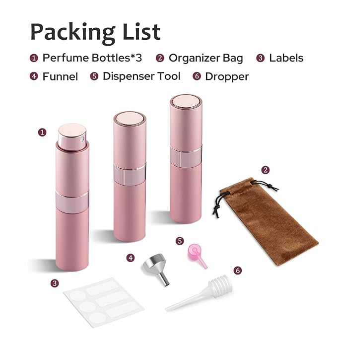 LISAPACK 8ML Atomizer Perfume Spray Bottle for Travel (3 PCS) Empty Cologne Dispenser, Portable Sprayer (Pink)