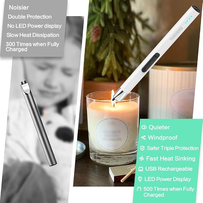 Candle Lighter, Electric Lighter USB with Upgraded LED Display Safety Switch, Rechargeable Flameless, Cream White