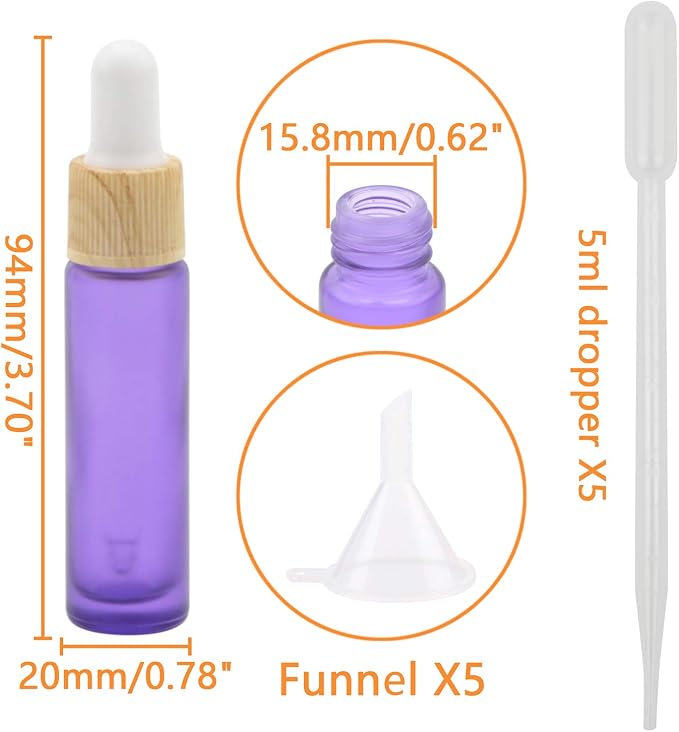 Ellbest 10ml Essential Oil Glass Dropper Bottle, 10pcs Colorful Glass Bottles with Eye Dropper for Travel, Small Sample Vials with Dropper & Funnel Included (Matte Purple)