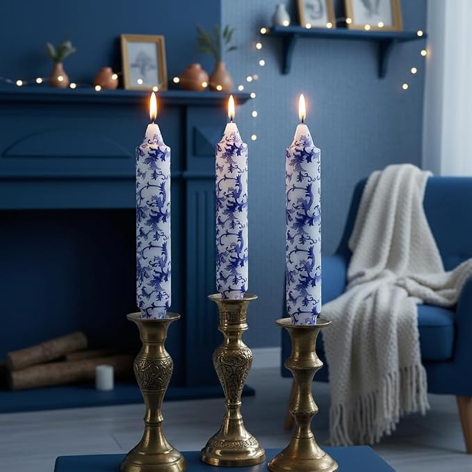 7 Inch Blue and White Short Taper Candles Hand Poured Unscented Smokeless Clean Burning Chinoiserie Taper Candles for Wedding Dinner Home Meditation Morning Coffee Ritual Breakfast Table Everyday