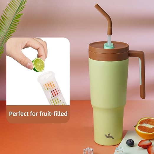 Konokyo Insulated Tumbler with Handle and Straw,40 OZ Vacuum Stainless Steel Water Bottle Travel Mug Metal Cup with Fruit Diffuser,Forest Green