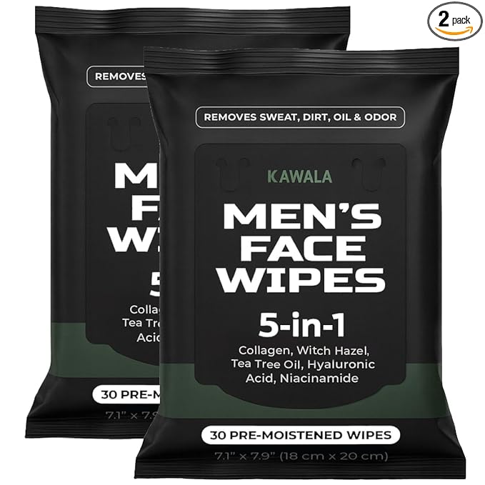 KAWALA Men’s Face Wipes, 2-Pack – Face Cleansing Wipes for Men, Deep Clean & Refresh, Travel-Friendly Wipes for Oily or Acne-Prone Skin
