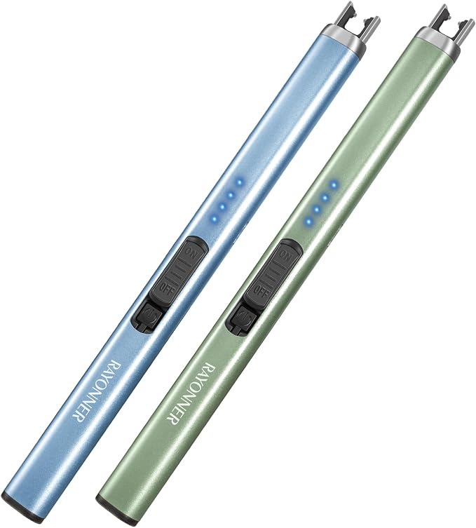 RAYONNER Rechargeable Electric Candle Lighter Windproof Plasma Arc Lighter for Deep Jars BBQ Camping Flameless Fire Starter Christmas Stocking Stuffers Gift (2 Pack - Blue&Green)