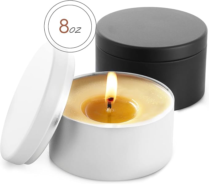 Hearth & Harbor Tin Candle Jars for Making Candles - DIY Candle Containers with Lids - Metal Candle Jars - Bulk Tins Storage for Candle - (12 Pieces) - (8 Ounces) - Solid Black and White