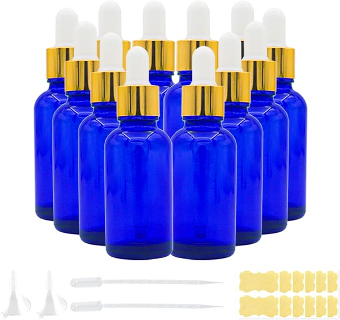 12 Pack Blue Glass Dropper Bottle, 1 oz, with Eye Dropper and Gold Cap, Leak Proof Travel Bottle for Essential Oils/Chemistry Lab Chemicals/Cologne and Perfume