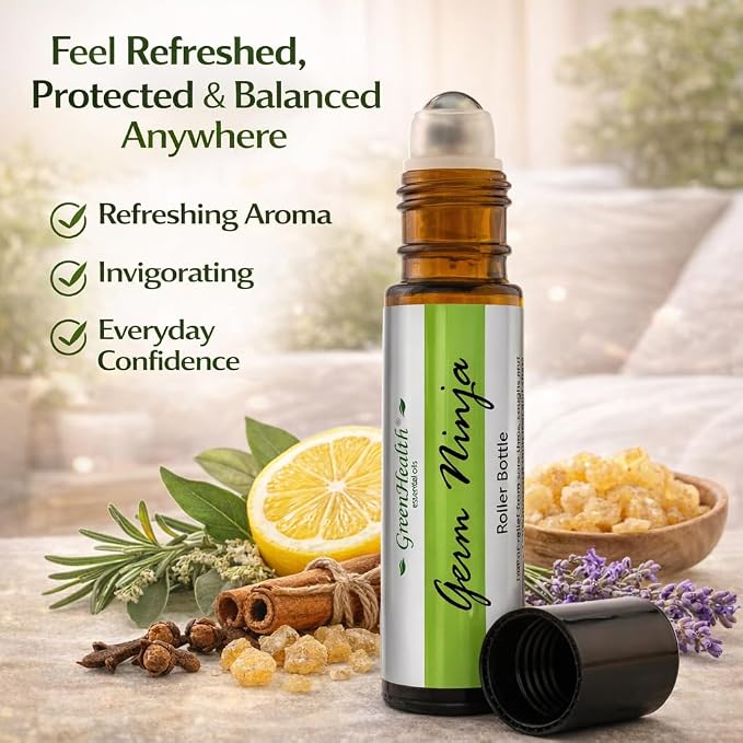 GreenHealth Essential Oil Roll On – Germ Ninja Blend – Refreshing, Clean Aroma – Pre-Diluted with Grapeseed Oil – Easy Apply Roller for Home, Work & Travel