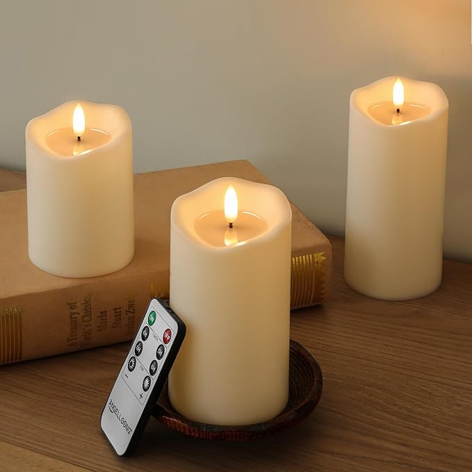 ANGELLOONG Flameless Candles with Remote, Flickering Battery Operated Pillar LED Candles with 4/5/6/8H Timer for Bridal Shower, Wedding Table Decor, Home Decor, Set of 3
