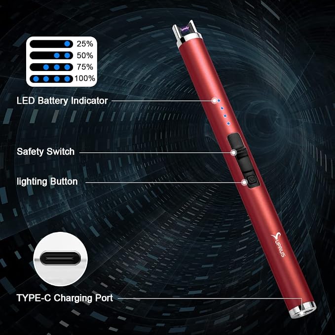 SUPRUS Electric Lighter Candle Type C Rechargeable Lighter with Upgraded LED Battery Display Safety Switch Flameless Plasma Windproof for Candle Cooking BBQs Fireworks Gift(Red)