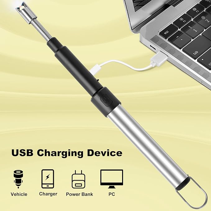 Candle Arc Lighters Long Flexible Neck 70cm Rechargeable Telescopic Electric Flameless Lighter for Kitchen Fireplace Pilot Light BBQ Stove (Silver)