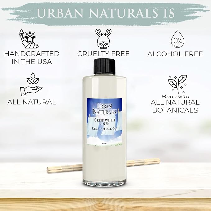 Urban Naturals Reed Diffuser Oil Refill Crisp White Linen with Fresh Linen, Clean Breeze, Soft Cotton 8 oz + Free Reed Sticks, Made in the USA