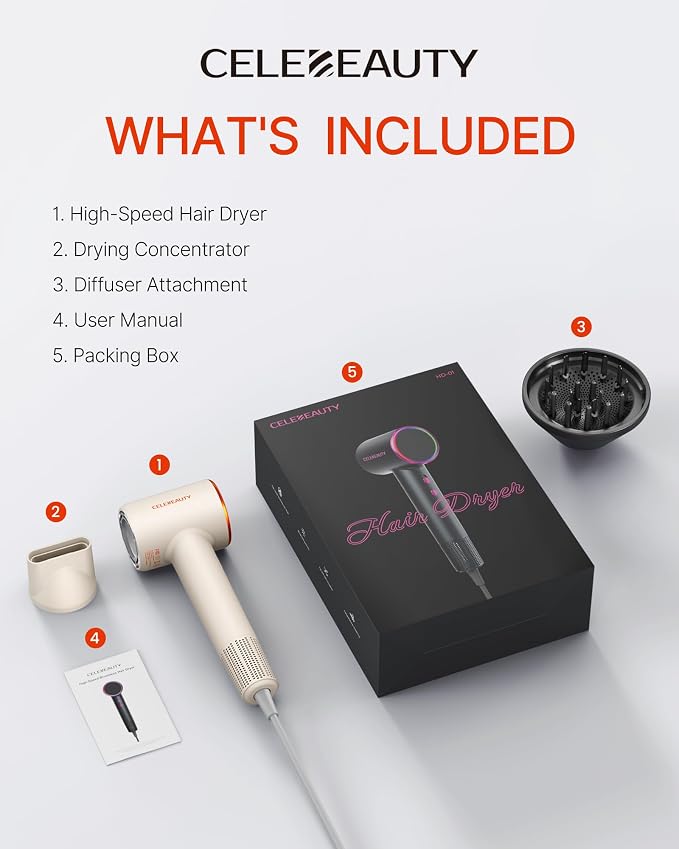 Hair Dryer Blow Dryer with Magnetic Diffuser & Nozzle, 110000 RPM Brushless Motor Ionic Hairdryer for Fast Drying & Frizz Control, Lightweight Low Noise Blowdryer for Home Travel Salon, All Hair Types