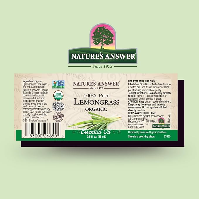 Nature’s Answer USDA Organic Lemongrass Essential Oil, 100% Pure | Natural Aromatherapy Oil for Diffuser/Humidifier, Steam Distilled 0.5 fl oz. (15ml) | Made in USA