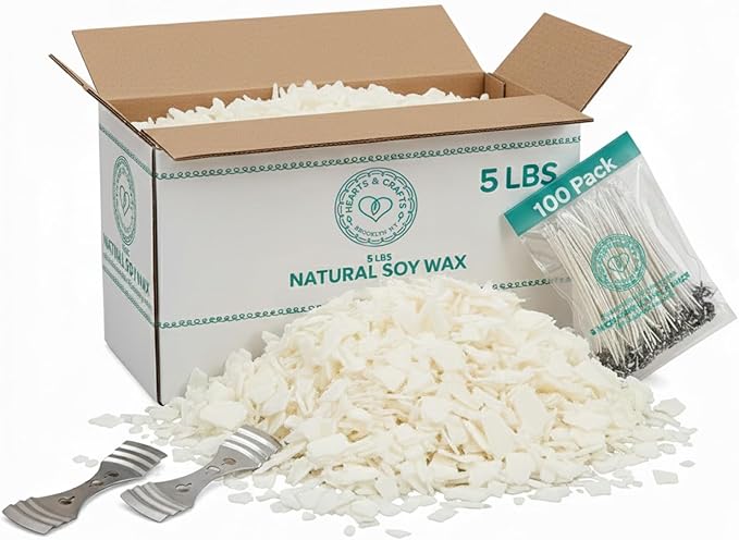 Hearts & Crafts Soy Wax for Candle Making - 5lbs with 100 Pre-Waxed Wicks & 2 Metal Centering Tools - DIY & Professional Candle Making Supplies