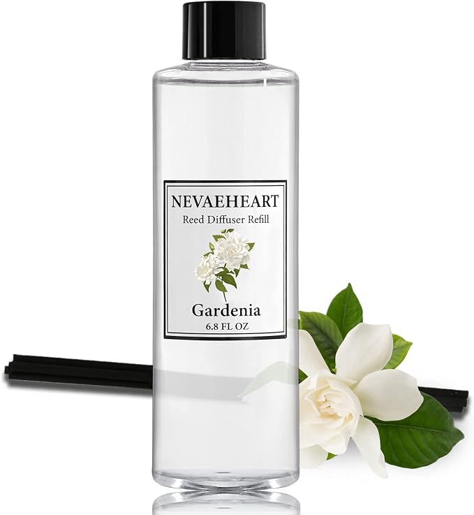 Reed Diffuser Refill, Gardenia Reed Diffuser Oil with Sticks Set, 6.8oz(200ml) Reed Diffuser Oil Refill Home Fragrance for Bedroom, Bathroom Home Decor