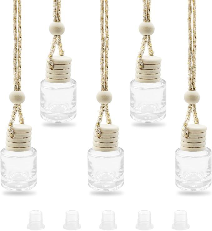 5 pcs Car Hanging Empty Glass Perfume Bottles Pendant Bottle, DIY Air Freshener Pendant, Empty Clear Glass Essential Diffuser Oil Aromatherapy, Glass Bottle Decor (Cylindrical)