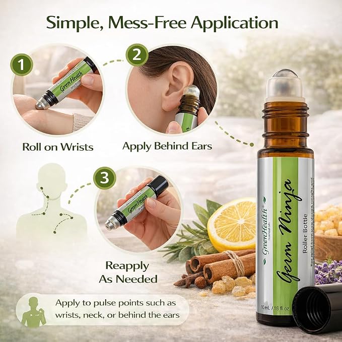 GreenHealth Essential Oil Roll On – Germ Ninja Blend – Refreshing, Clean Aroma – Pre-Diluted with Grapeseed Oil – Easy Apply Roller for Home, Work & Travel