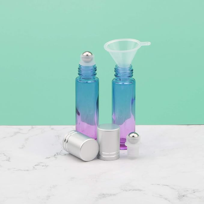 10Pcs Glass Roller Bottles Set, 10ml (1/3oz) Blue Purple Gradient Roll on Vials with Funnels for Essential Oil Aromatherapy Perfume Liquid Massage