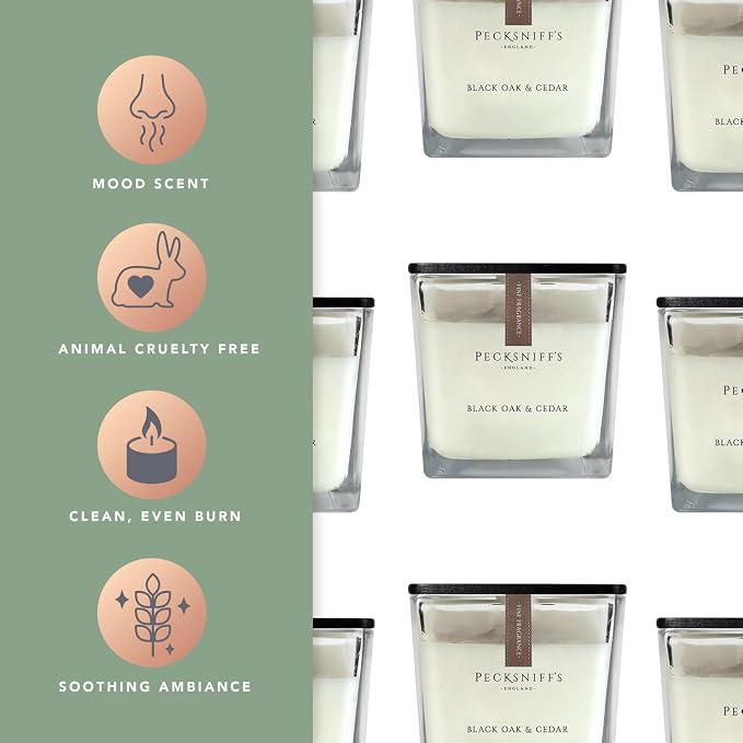 Pecksniff's Prestige 1-Wick Square Candle, Black Oak & Cedar Scent, 190g (6.7oz) - Rich, Woody Oriental Fragrance with Bergamot, Cardamom & Vanilla