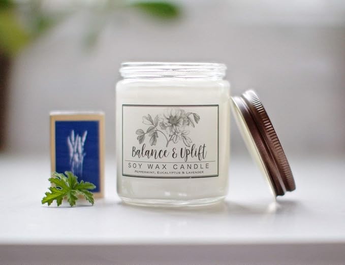 Balance & Uplift Soy Wax Candle – Peppermint, Lavender & Eucalyptus Aromatherapy Candle for Focus, Stress Relief & Yoga – Natural Essential Oil Candle, 8 oz