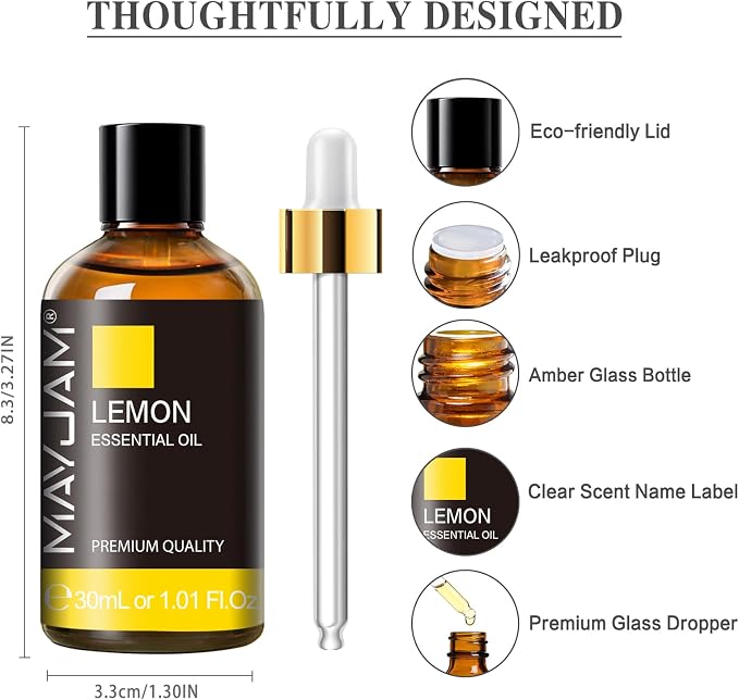 Lemon Essential Oil 30ML/1.01FL.OZ, MAYJAM Premium Lemon Oil Essential Oils with Glass Dropper, Great for Aromatherapy Diffuser and Candle Soap Making