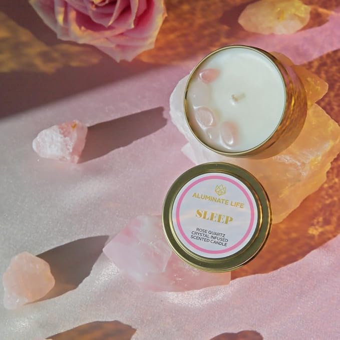 Luxury Candle Tin, 6 OZ, Sleep - Rose Quartz Crystal Infused - Scents of Rose, Lavender, and Vanilla - Tranquility, Love, & Comfort - Coconut Wax, Essential Oils, Dr. Developed