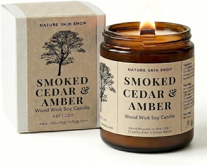 Nature Skin Shop Smoked Cedar Artisan Soy Candle Wood Wick Aromatherapy Home Fragrance Crackling Vegan 8 oz