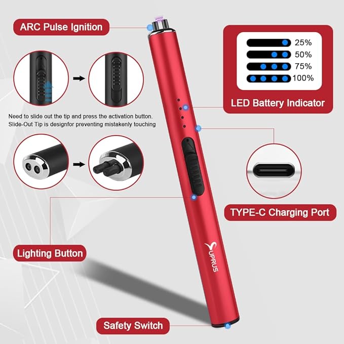 SUPRUS Electric Arc Windproof Flameless USB Rechargeable Lighter with Safety Lock for Candle (Red)