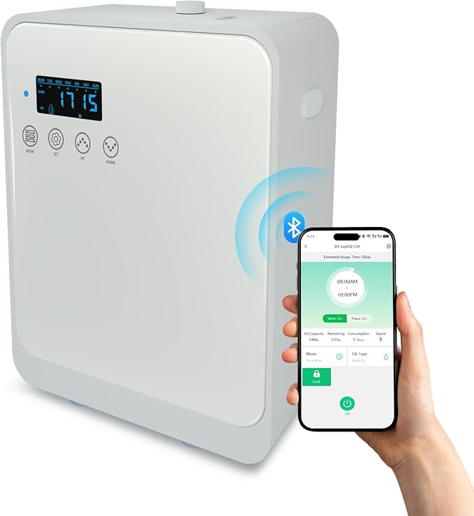 Waterless Essential Oil Diffuser 2000 Sq Ft, Cold Air Oil Scent Diffusers with Timer 250ml, Bluetooth App Control Aromatherapy Diffuser Machine for Home, Office, Hotel (White)