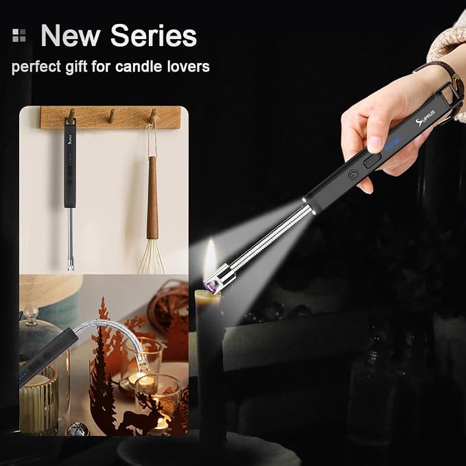 SUPRUS Rechargeable Candle Lighter Electric Arc Triple Safety Long Lighter Stainless Steel Shell & Hanging Hook (Black)
