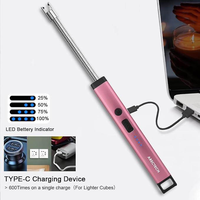 ARECTECH Candle Electric Lighter Rechargeable USB Arc Lighter for Candle Camping Fireworks Christmas Birthday Gifts with LED Light for Men Women Pink