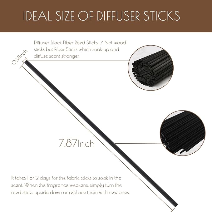 HOSSIAN Reed Diffuser Sticks, Natural Rattan Wood Sticks Essential Oil Aroma Diffuser Sticks Refill Replacement for Aroma Fragrance (Black Fibre7.87Inch*3.5mm 100PCS)