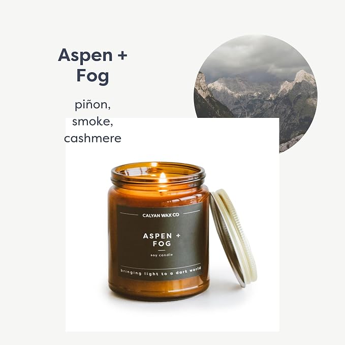 Calyan Wax Co. Aspen & Fog Scented Candle - 57 Hour Burn - Luxury Clean Soy Wax Candles - Long Lasting Amber Glass Jar Candle for Home - 7.2oz