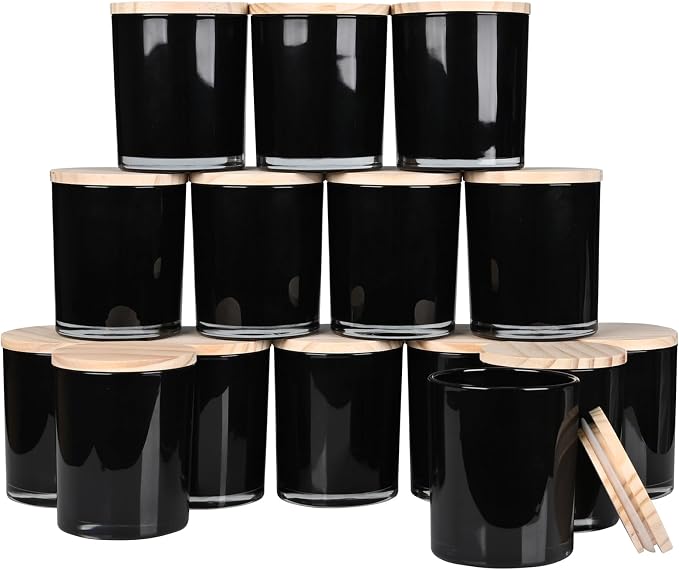SHOWIN 10 OZ Thick Candle Jars for Making Candles 15 Pcs, Empty Jars with Wood Lids for Candle Making, Sample Container, Inner Black