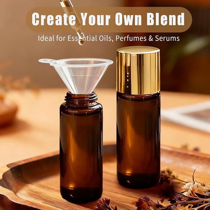 Rose Quartz & Amethyst Roller Bottles for Essential Oils, 50ml Refillable Amber Glass Roll On Bottles with Natural Crystal Roller Balls, Leak-Proof Travel Perfume Bottle with Gold Caps