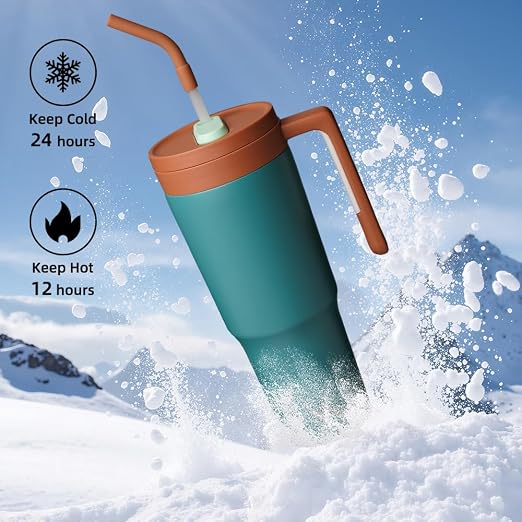 Konokyo Insulated Tumbler with Handle and Straw,40 OZ Vacuum Stainless Steel Water Bottle Travel Mug Metal Cup with Fruit Diffuser,Lake Blue