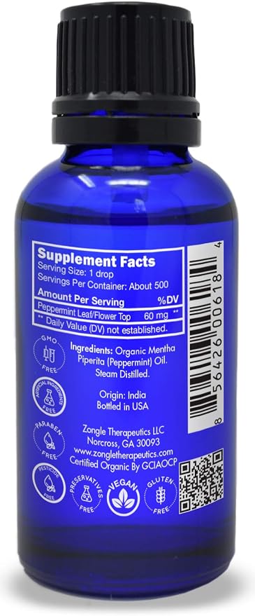 Organic, Peppermint Oil, Food Grade, Edible, for Digestion, IBS, Hair – 100% Pure, Peppermint Essential Oil, Mint Oil, Safe for Ingestion, by Zongle Therapeutics, 1 OZ