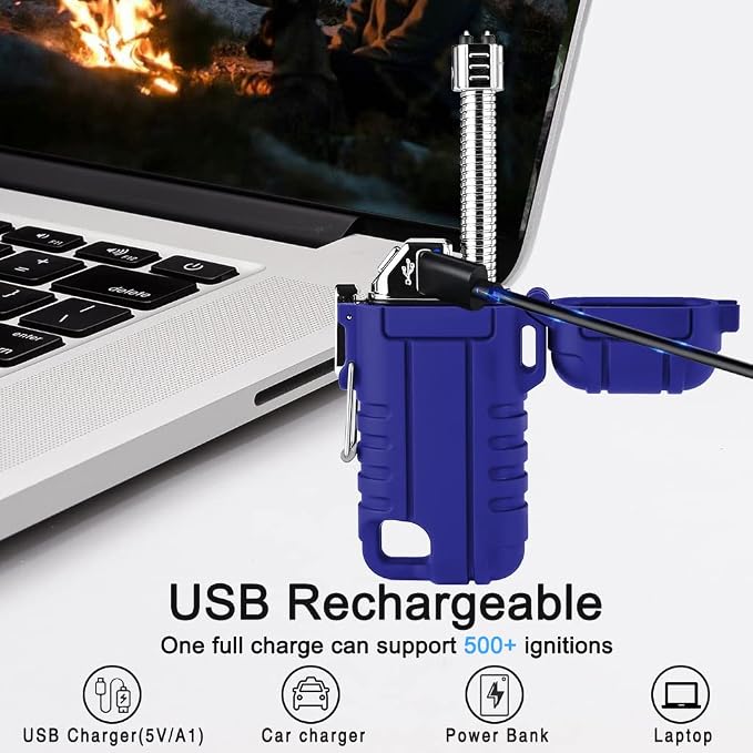 SUPRUS Waterproof Lighter Windproof Lighter Arc Plasma Lighters USB-C Rechargeable with Expandable and Flexible Neck for Outdoor, Camping & Kitchen (Blue, 2Packs)