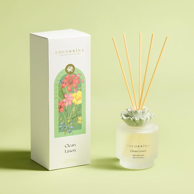 COCORRÍNA Gypsum Flower Reed Diffuser - Clean Linen Scent, 6.76 oz Oil with 8 Sticks, Long - Lasting Home Fragrance for Bathroom Décor