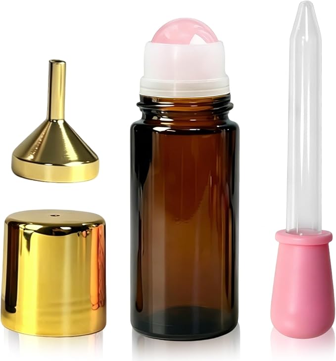 50ml Amber Glass Roll-On Bottles For Castor Oil Brows & Lashes/DIY Perfume/Face Serum/Massage Oil, Essential Oils - Rose Quartz Crystal Ball, Refillable Leak-Proof Rollerball
