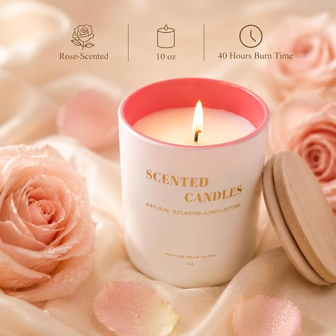 Lanttu Rose Scented Candle, 10 oz Natural Soy Wax | 40 Hours Long Lasting Burning, For Women Mom Friend, Birthday Housewarming Gift, Home Decor