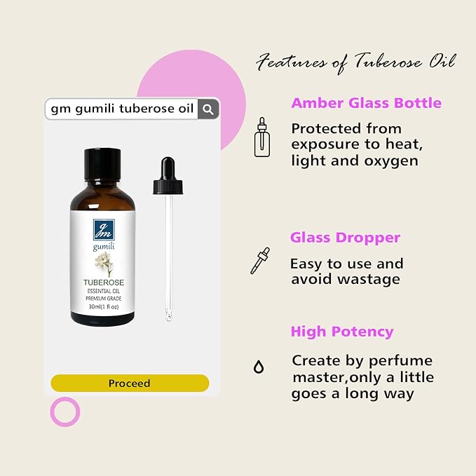 GM Gumili Tuberose Essential Oil, Home Fragrance Oil, Candle Scents Soy Wax Candle Making, Freshie Scents Oils for Soap, Dryer Balls, Diffusers, Laundry, Slime -1 oz /30ml