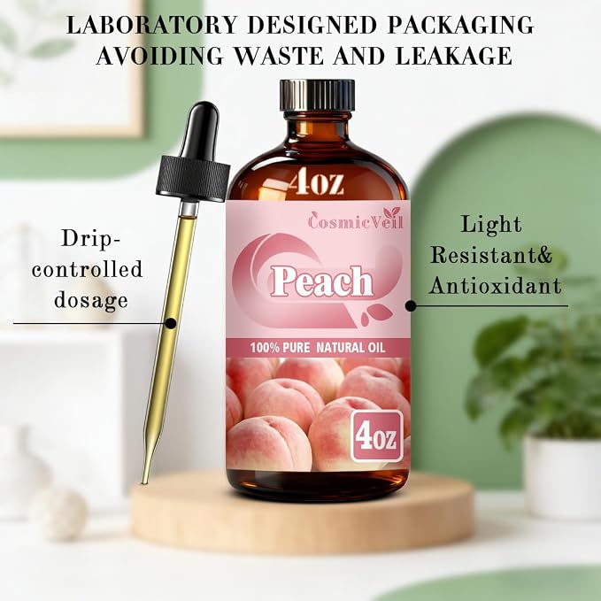 Peach Essential Oil Peach Oil for Aroma Diffuser,Humidifier,Home Fragrance,Cleaning,Body Care,Massage,Yoga,DIY Candle,DIY Soap CosmicVeil（Peach，4 Fl Oz (Pack of 1)）