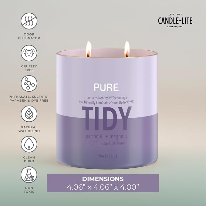 Candle-Lite Pure Patchouli & Magnolia Odor Eliminating Scented Candles, Neofresh Technology Eliminates 99.9% of Odors, 16 oz 2-Wick Jar, Proudly Poured in The USA, Up to 60 Hours Burn Time