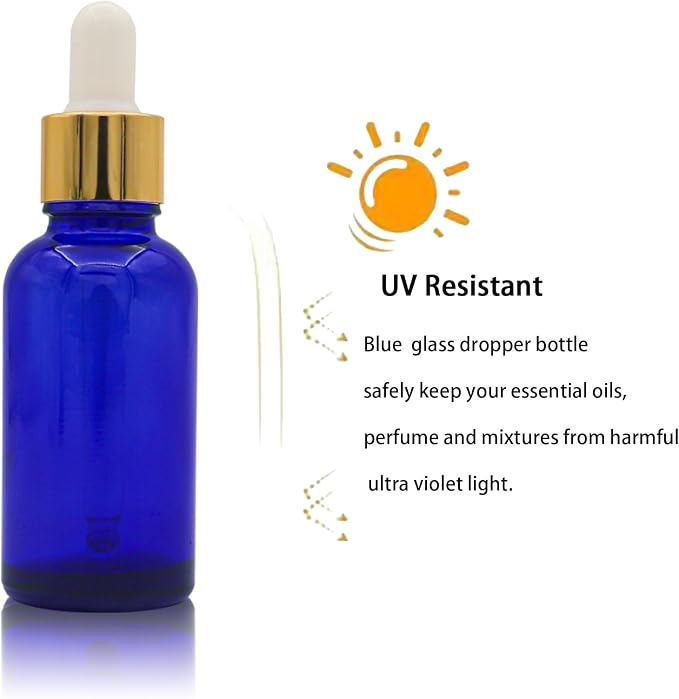 12 Pack Blue Glass Dropper Bottle, 1 oz, with Eye Dropper and Gold Cap, Leak Proof Travel Bottle for Essential Oils/Chemistry Lab Chemicals/Cologne and Perfume