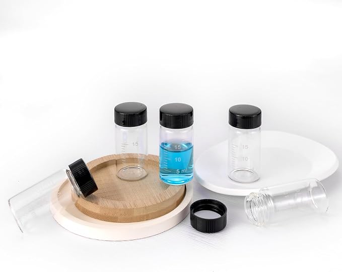 Kesell 18 Pack 20ml Glass Sample Vial Clear Graduated Bottles Empty Reusable Liquid Vials with Plastic Screw Cap and 5 Funnels