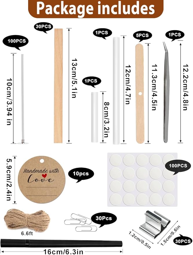 Multiwins 130 Pcs Candle Wicks for Candle Making Kit: 100 Cotton & 30 Wood Wicks with Complete Tool Set (Wick Holders, Wick Stickers, Candle Tabs, Tweezers, Pen), for Soy Beeswax DIY Candles