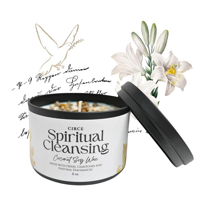 Circe Spell Candle “Spiritual Cleansing” Coconut Soy Wax Candle Jar– Premium Hand Poured & Long Burning– Herbs, Crystal & Natural Fragrance Oils- Clearing, Protection & Grounding- Self Care, Gift- 8oz