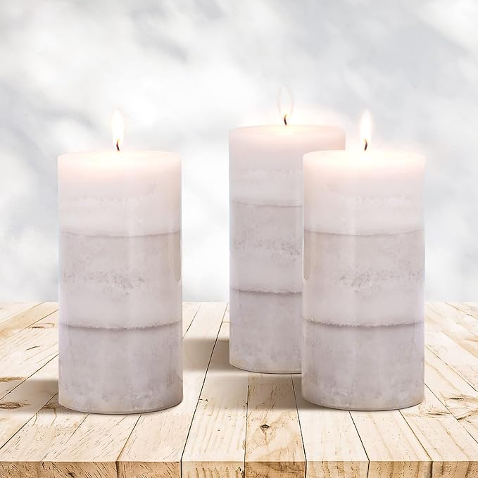 Set of 3 Scented Candles 3" x 6" Creamy Coconut Scented Hand Poured Grey White Pillar Candles Long Burning Smokeless Cotton Wick Candles Gift Set for Spa Wedding Home Decorations