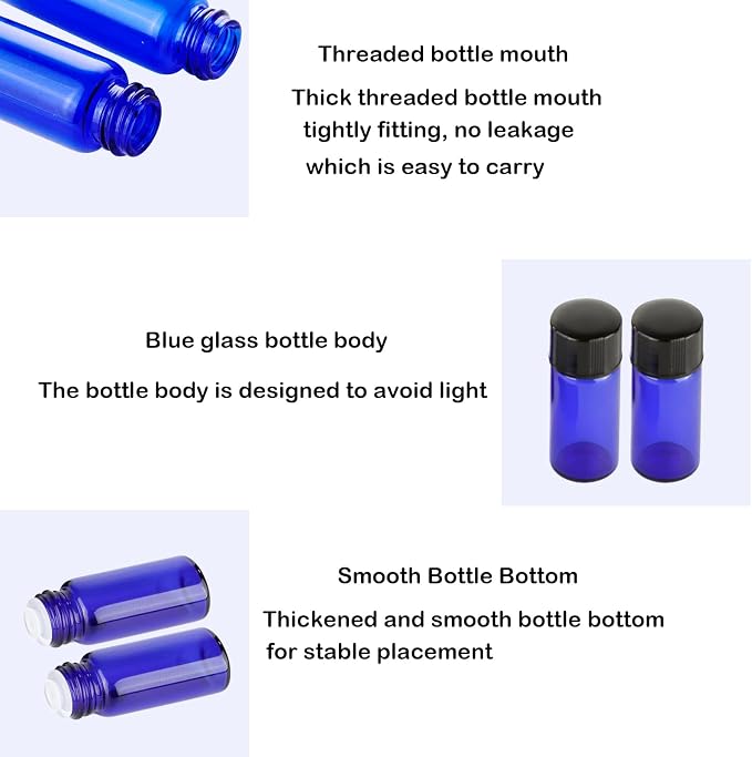36Pcs Cobalt Blue Glass Bottles For Essential oils 5ml, Empty Refillable Vials Sample Bottles, with Orifice Reducers and Black Caps ﻿ (5ml)